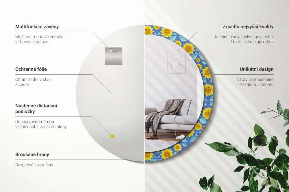 Miroir rond imprimé tournesols géométriques