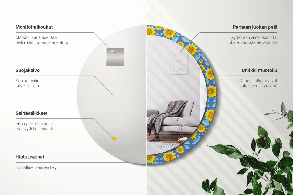 Miroir rond imprimé tournesols géométriques