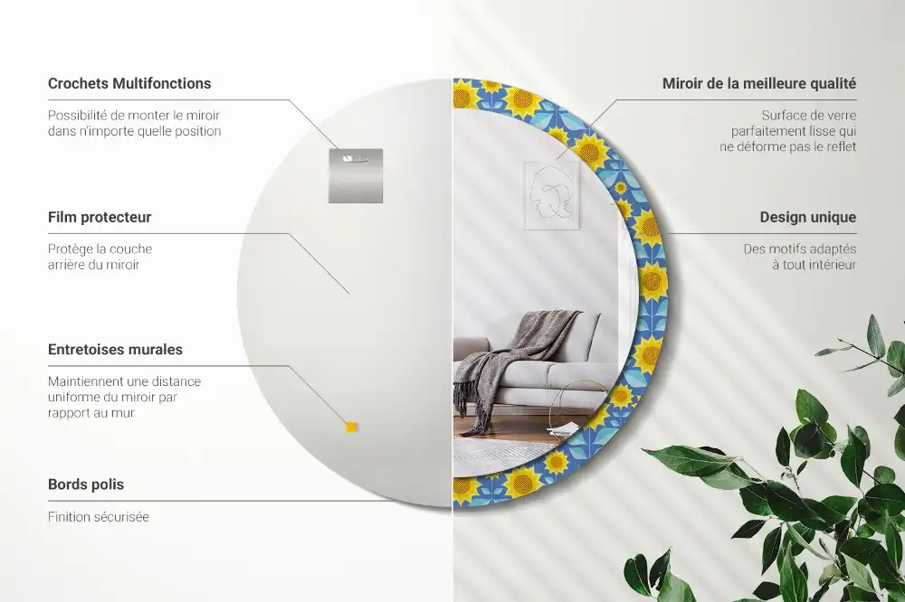Miroir rond imprimé tournesols géométriques