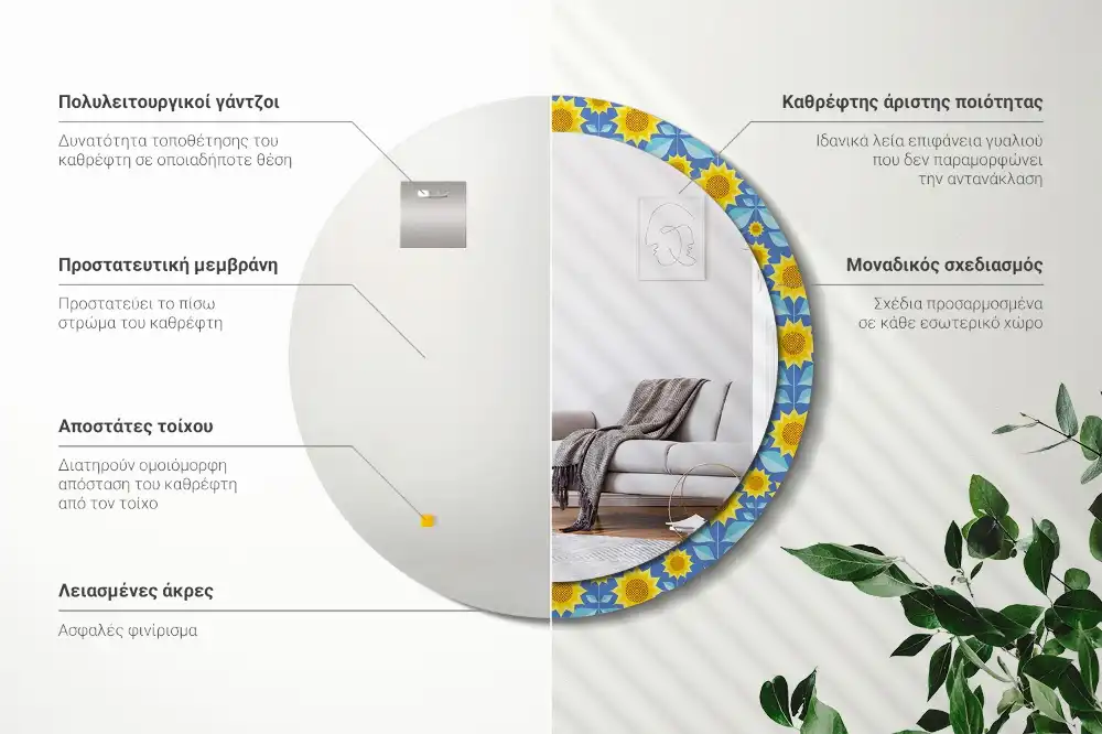 Miroir rond imprimé tournesols géométriques