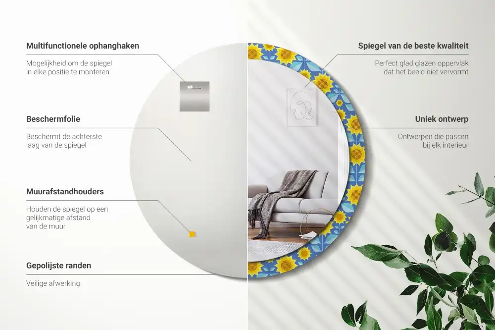 Miroir rond imprimé tournesols géométriques