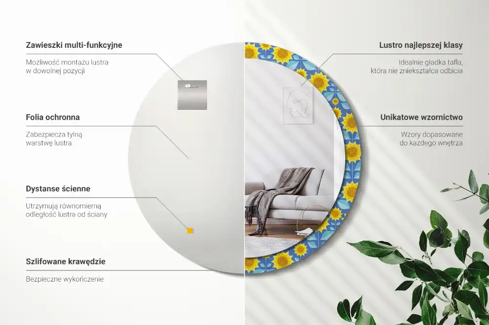 Miroir rond imprimé tournesols géométriques