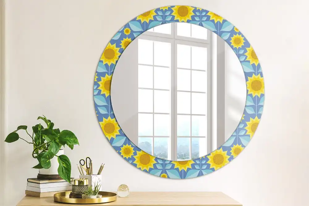 Miroir rond imprimé tournesols géométriques