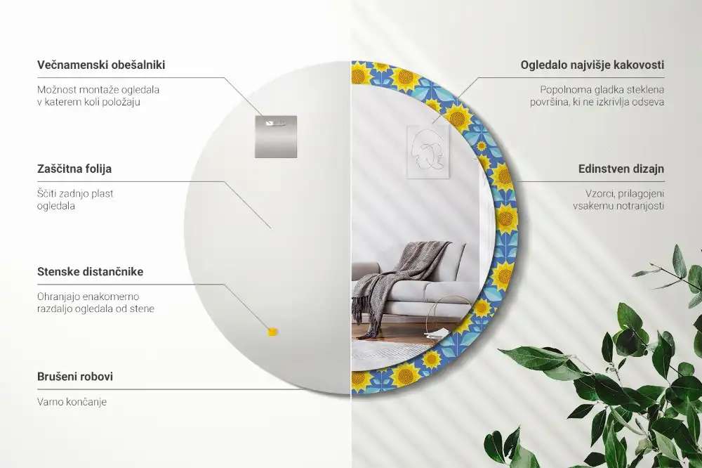 Miroir rond imprimé tournesols géométriques