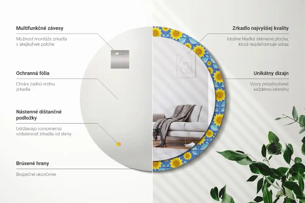 Miroir rond imprimé tournesols géométriques