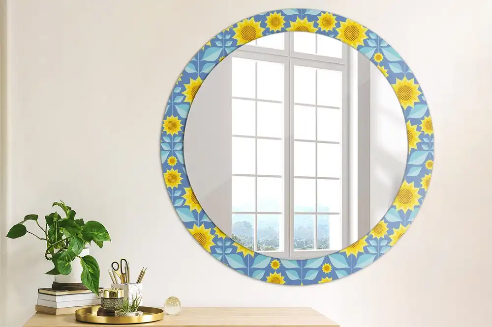 Miroir rond imprimé tournesols géométriques