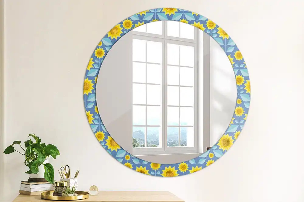 Miroir rond imprimé tournesols géométriques