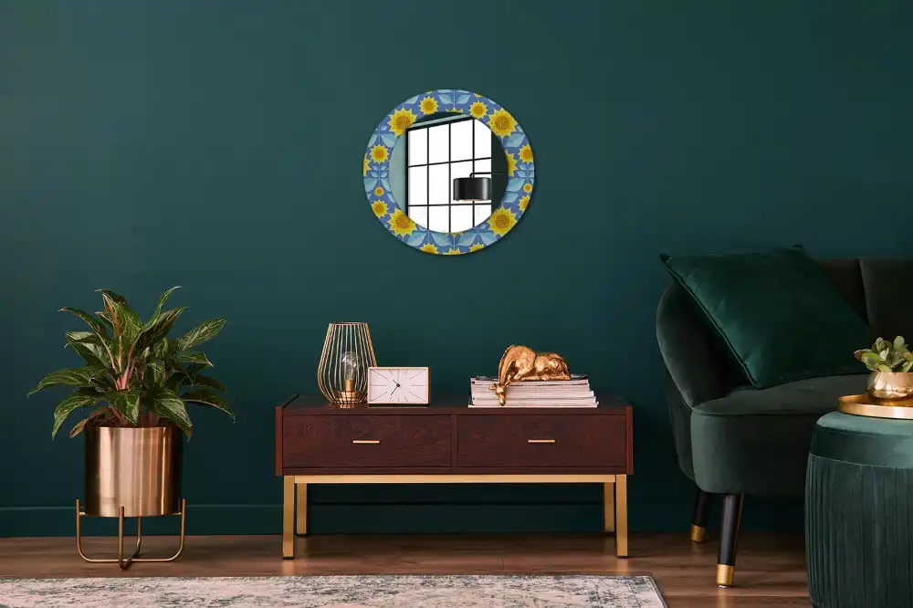 Miroir rond imprimé tournesols géométriques