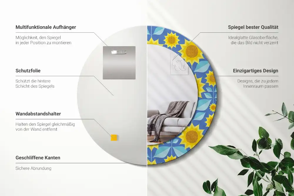 Miroir rond imprimé tournesols géométriques