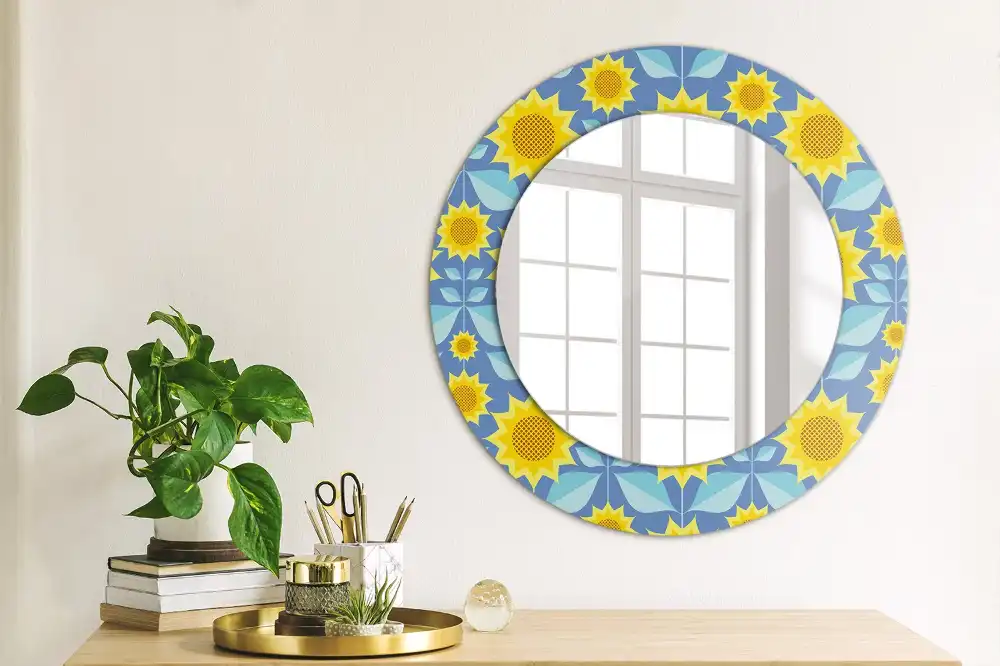Miroir rond imprimé tournesols géométriques