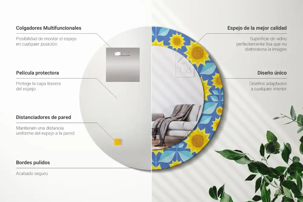 Miroir rond imprimé tournesols géométriques