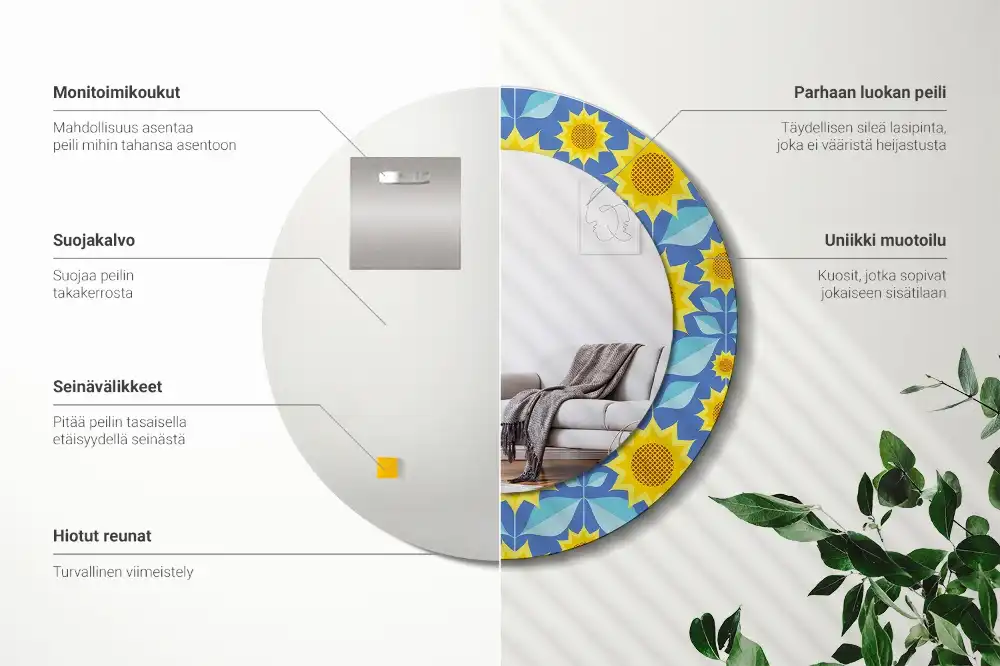 Miroir rond imprimé tournesols géométriques
