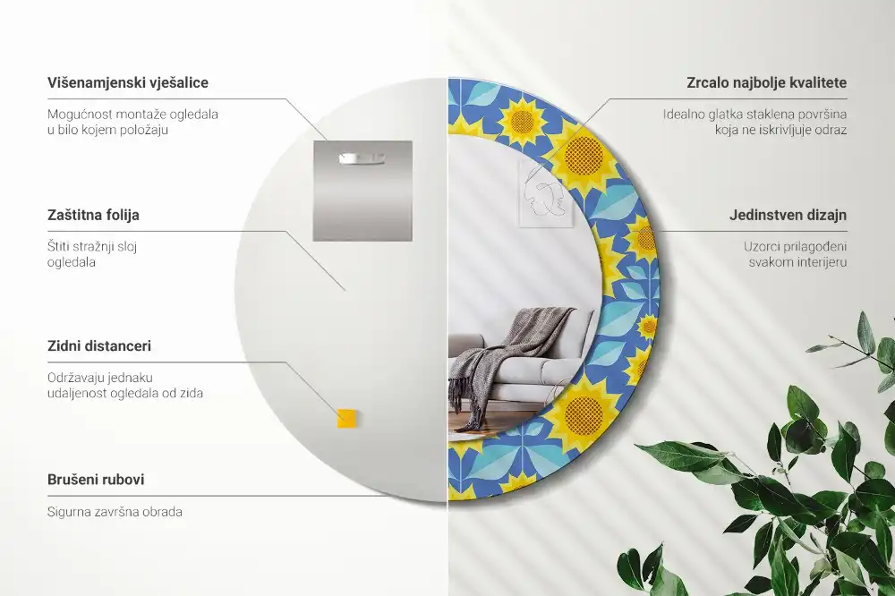 Miroir rond imprimé tournesols géométriques