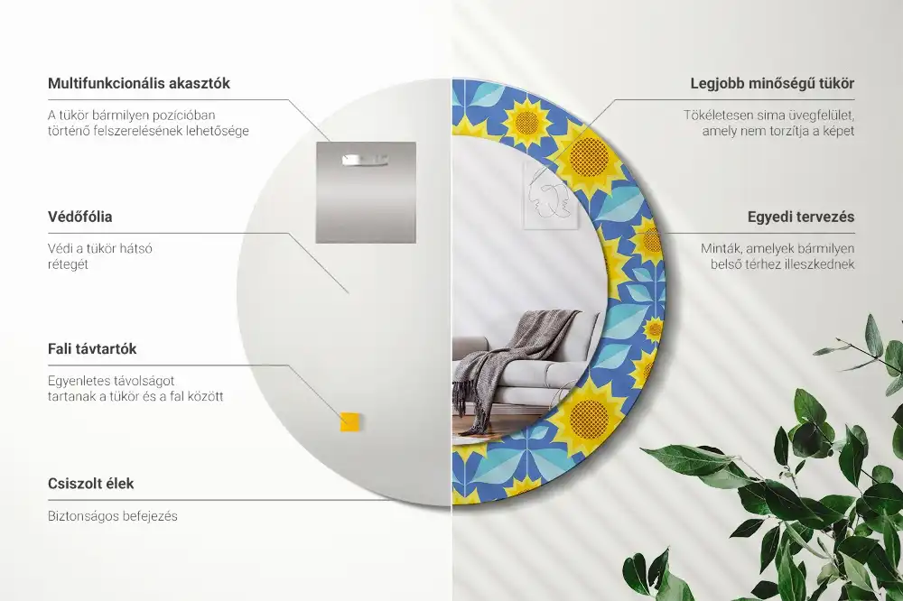 Miroir rond imprimé tournesols géométriques