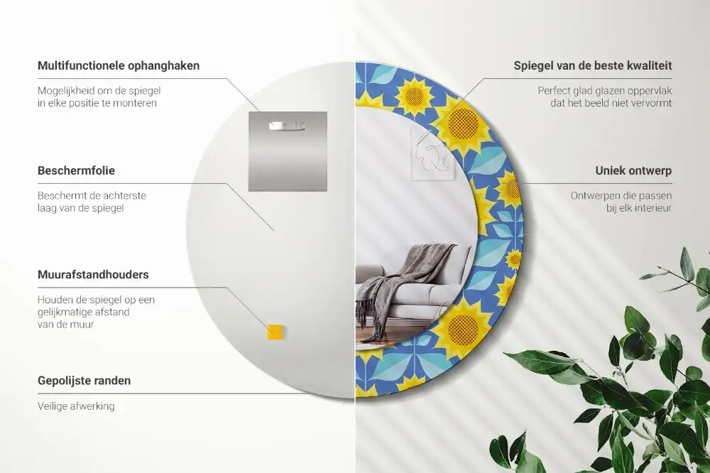 Miroir rond imprimé tournesols géométriques