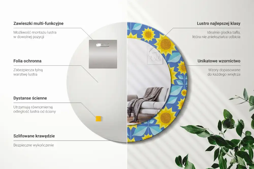 Miroir rond imprimé tournesols géométriques
