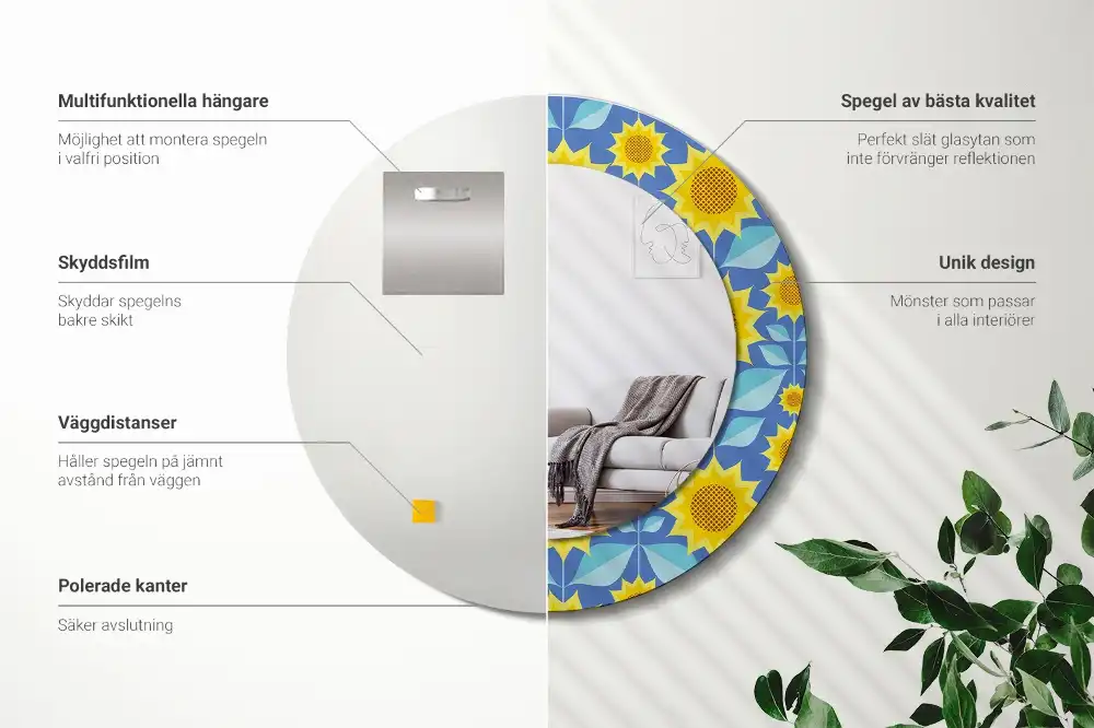 Miroir rond imprimé tournesols géométriques