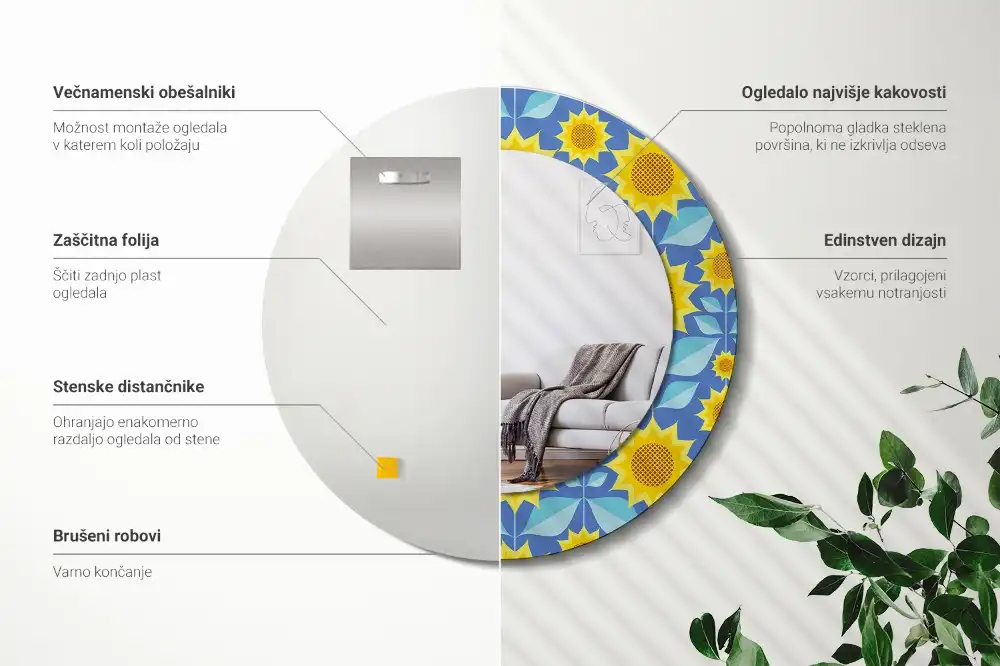 Miroir rond imprimé tournesols géométriques