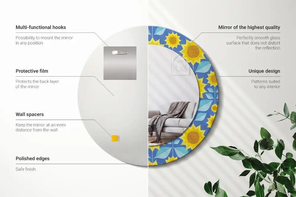 Miroir rond imprimé tournesols géométriques