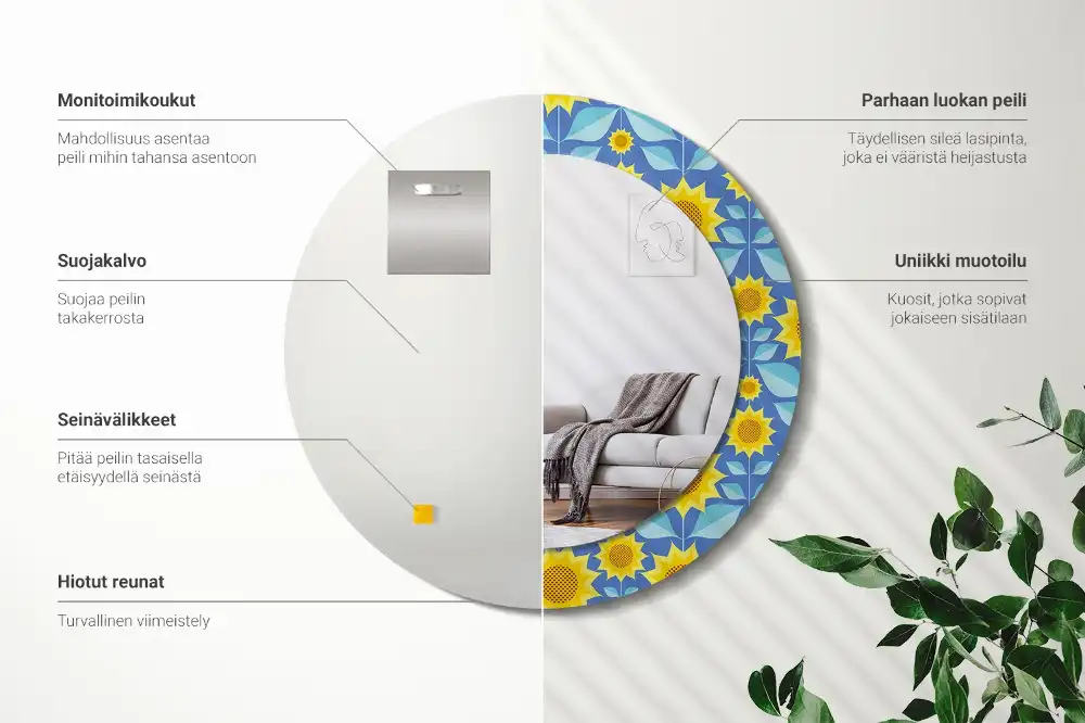 Miroir rond imprimé tournesols géométriques
