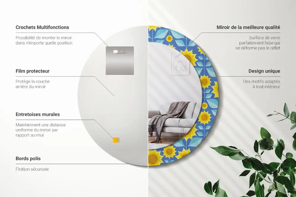Miroir rond imprimé tournesols géométriques
