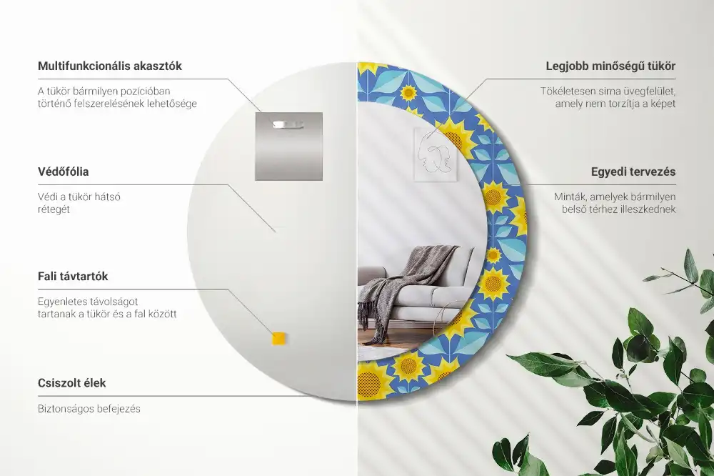 Miroir rond imprimé tournesols géométriques