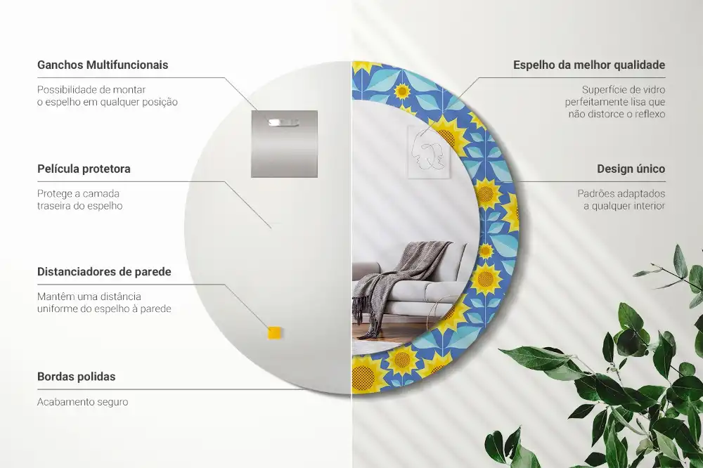 Miroir rond imprimé tournesols géométriques