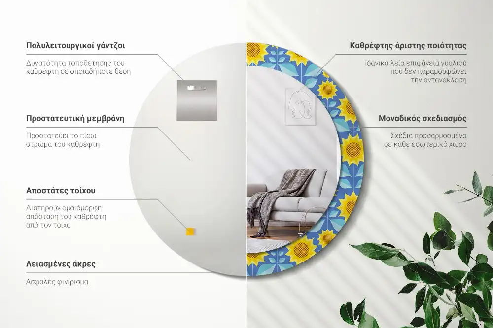 Miroir rond imprimé tournesols géométriques