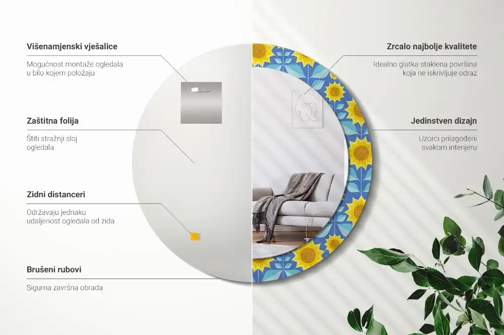 Miroir rond imprimé tournesols géométriques