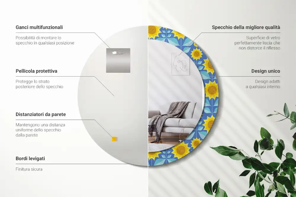 Miroir rond imprimé tournesols géométriques