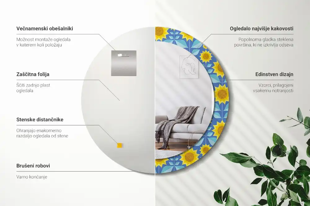 Miroir rond imprimé tournesols géométriques
