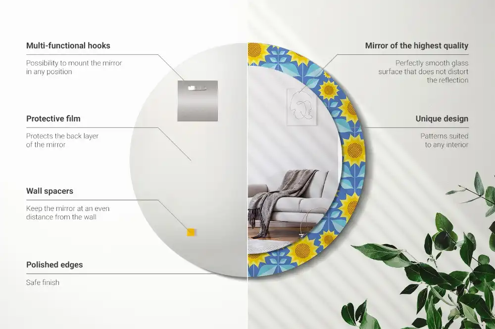 Miroir rond imprimé tournesols géométriques