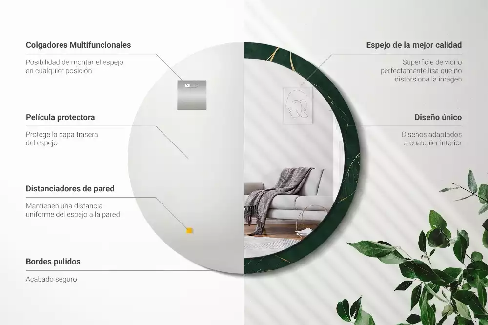Miroir rond cadre imprimé contour de feuilles