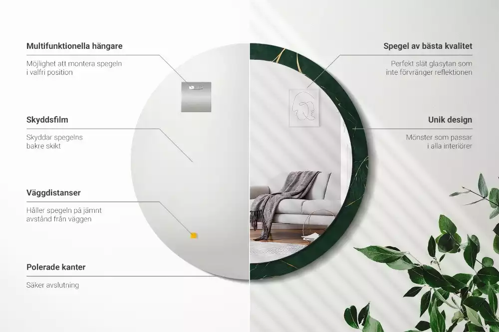 Miroir rond cadre imprimé contour de feuilles