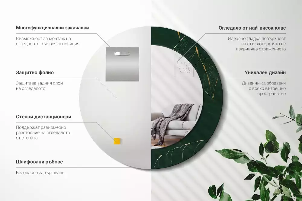 Miroir rond cadre imprimé contour de feuilles