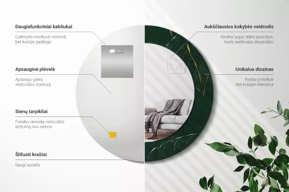 Miroir rond cadre imprimé contour de feuilles