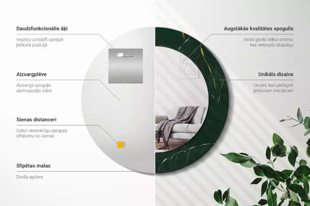 Miroir rond cadre imprimé contour de feuilles