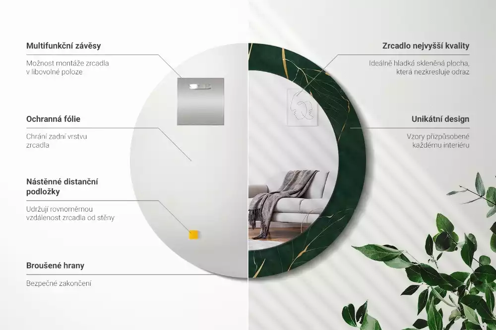 Miroir rond cadre imprimé contour de feuilles