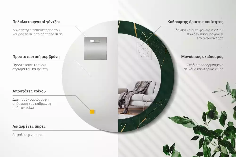 Miroir rond cadre imprimé contour de feuilles