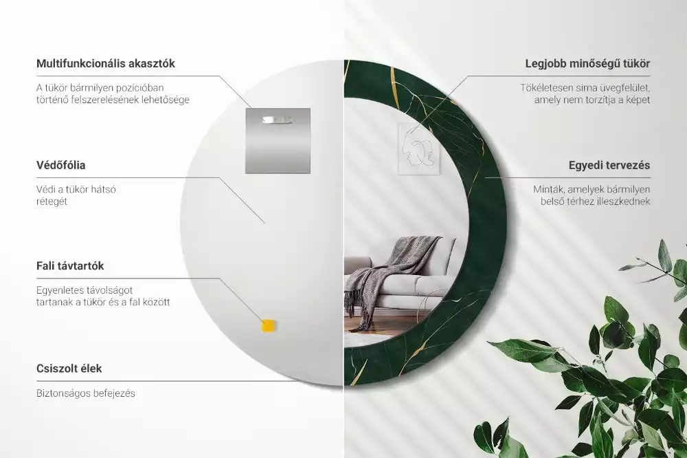 Miroir rond cadre imprimé contour de feuilles