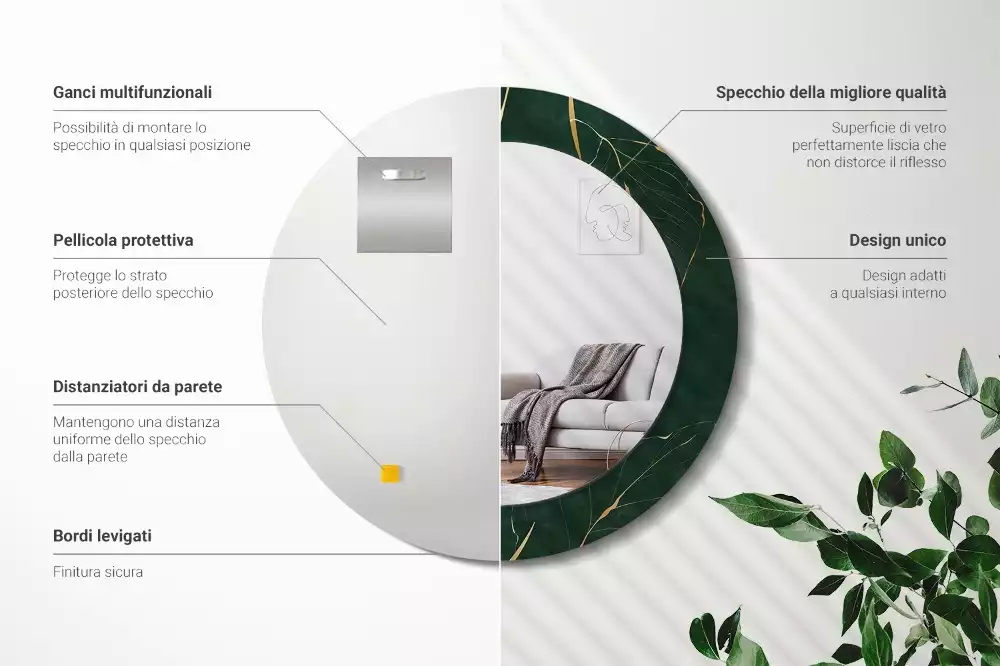 Miroir rond cadre imprimé contour de feuilles
