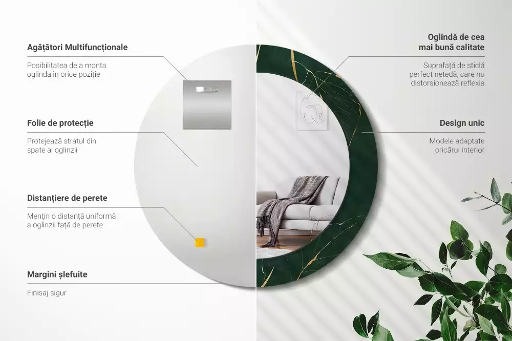 Miroir rond cadre imprimé contour de feuilles