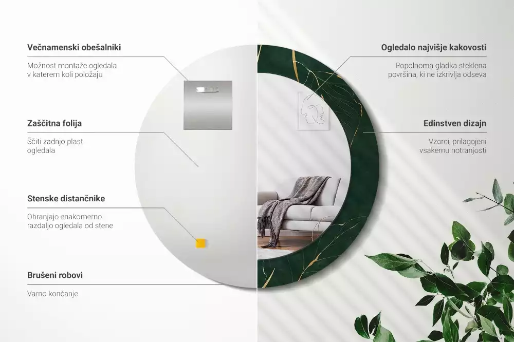 Miroir rond cadre imprimé contour de feuilles