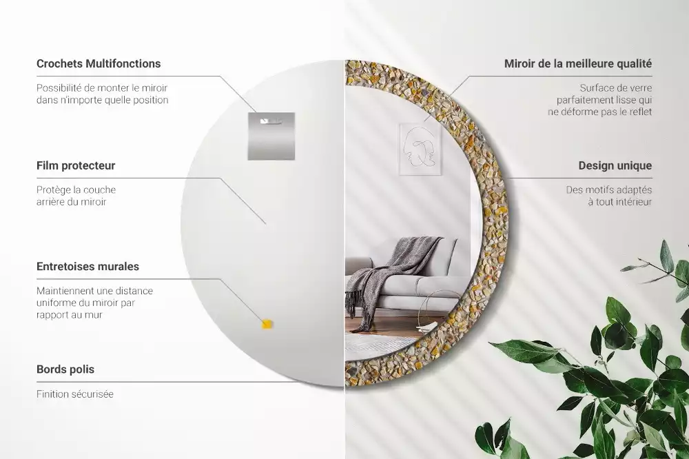 Miroir rond cadre avec impression motif terrazzo