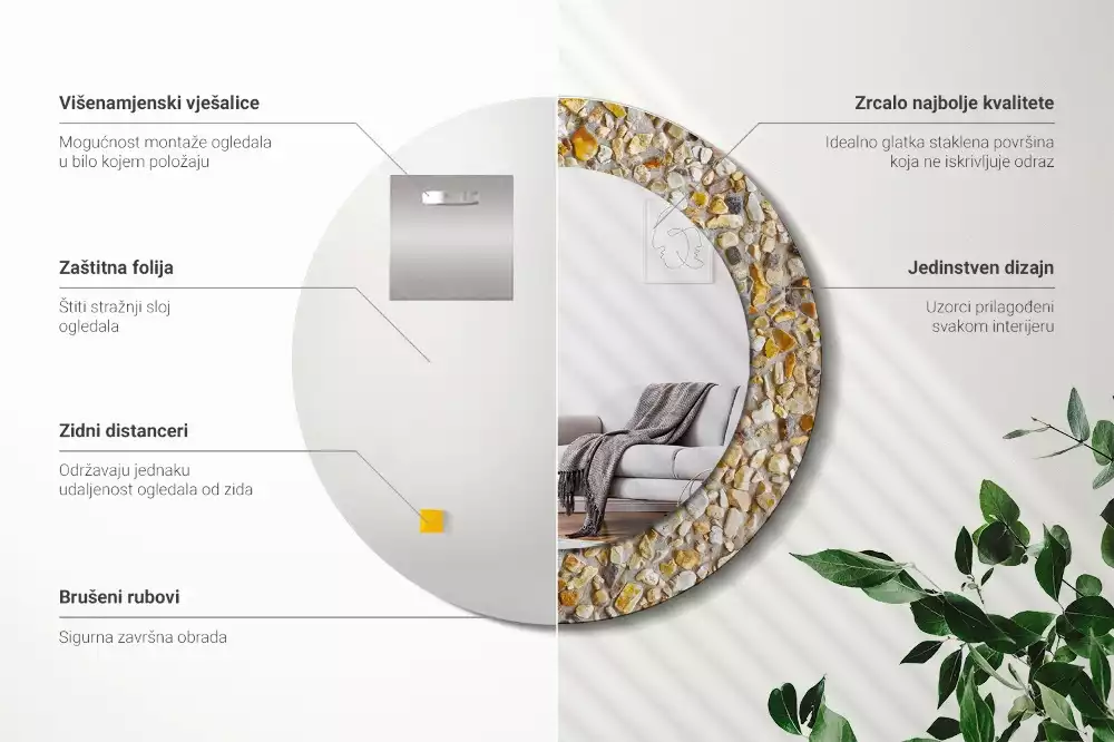 Miroir rond cadre avec impression motif terrazzo