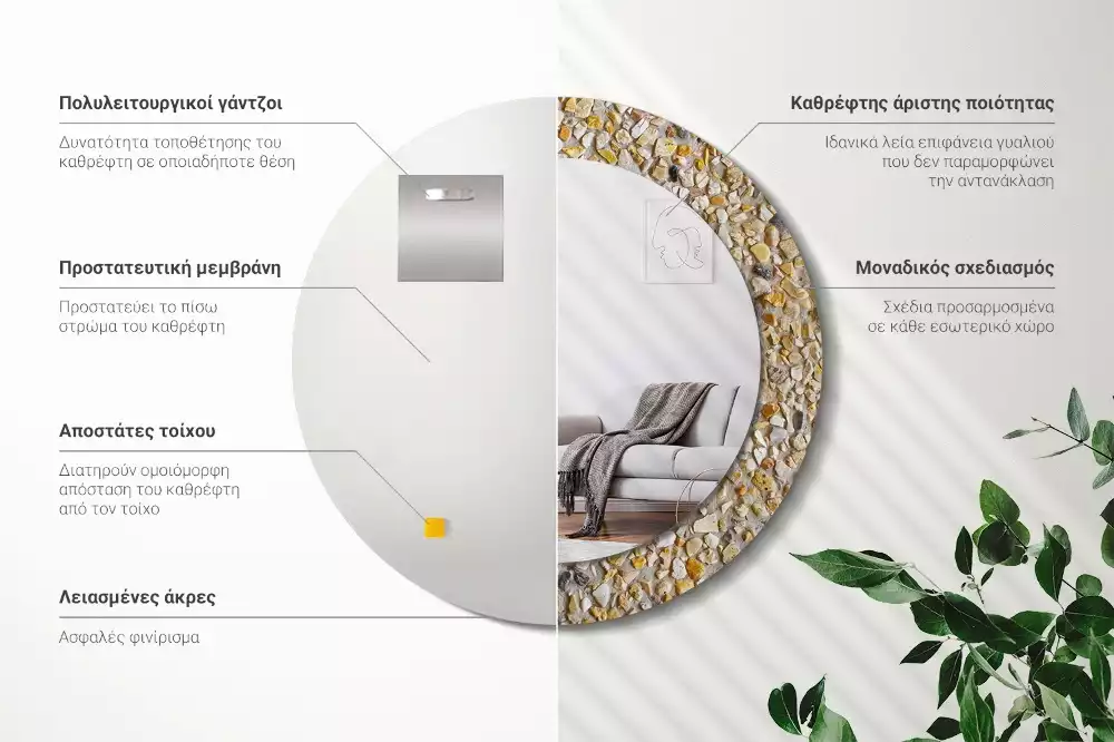 Miroir rond cadre avec impression motif terrazzo