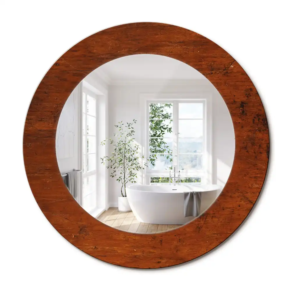 Miroir rond cadre imprimé bois naturel