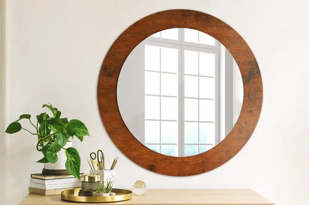 Miroir rond cadre imprimé bois naturel