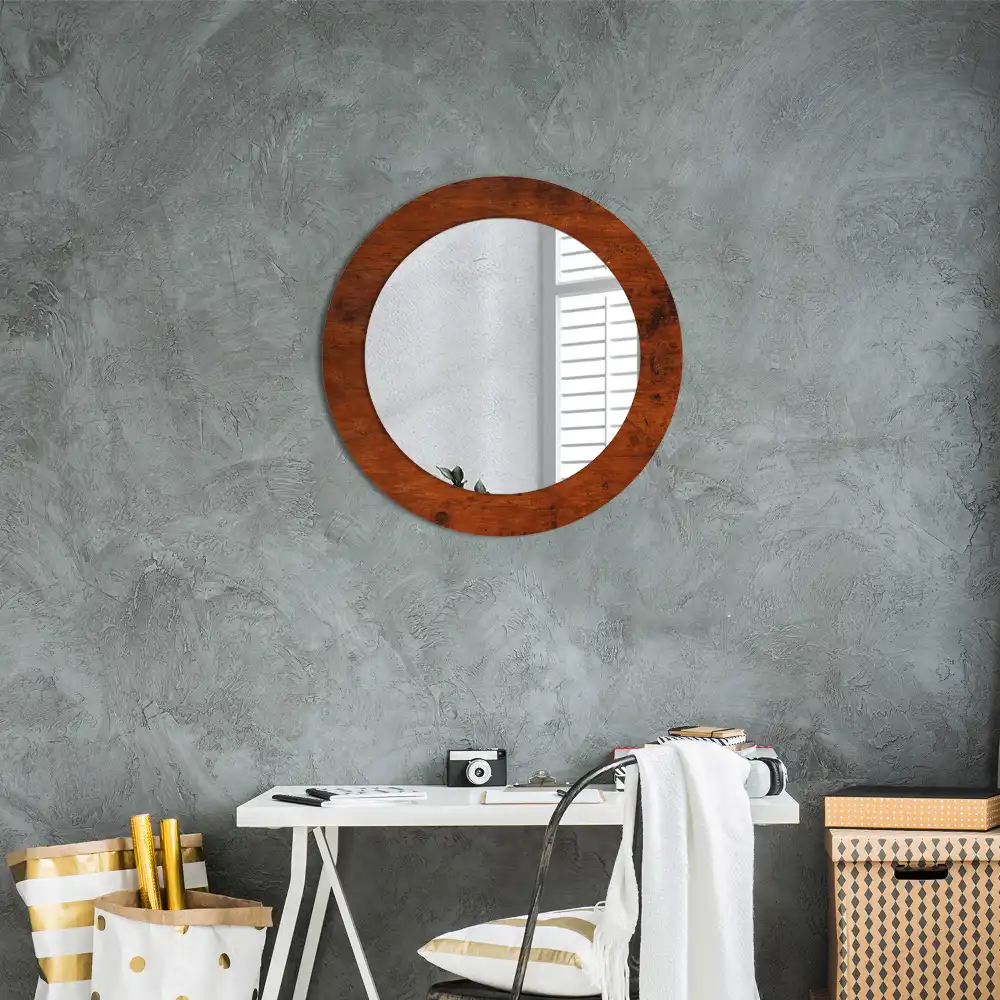 Miroir rond cadre imprimé bois naturel