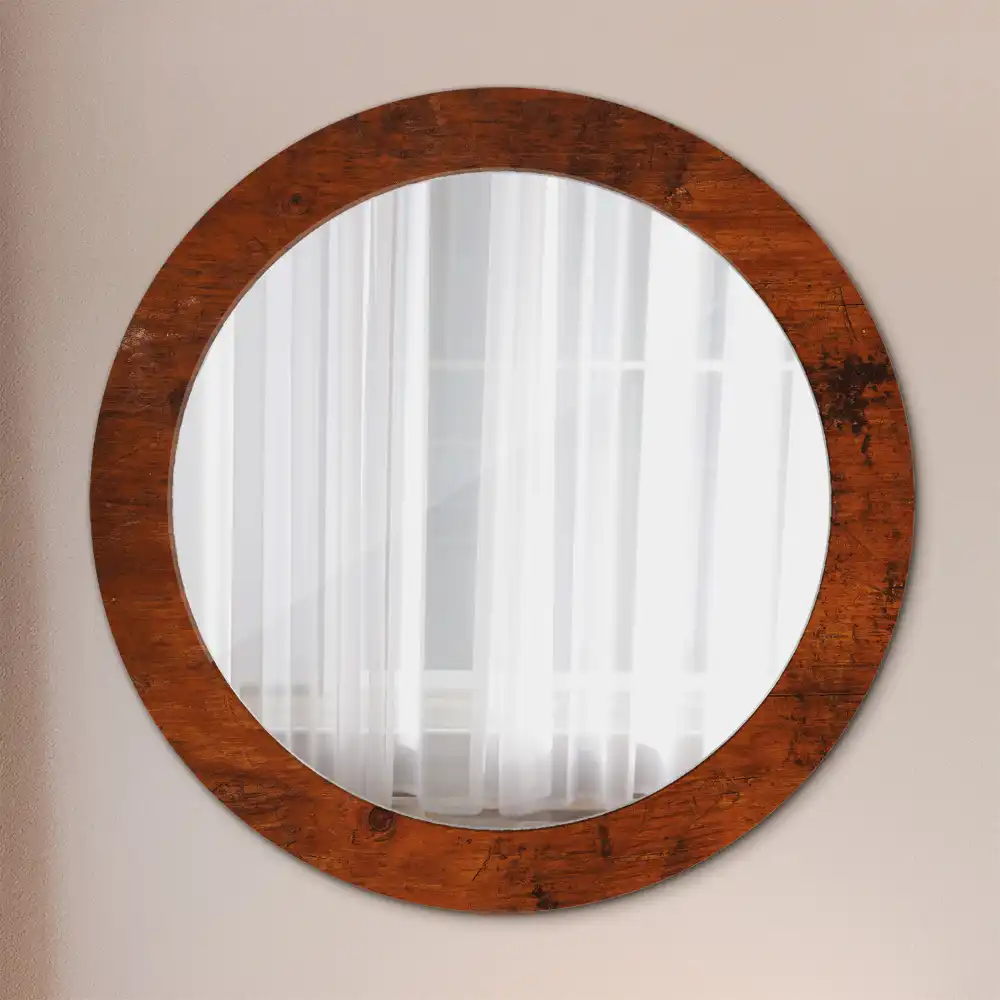 Miroir rond cadre imprimé bois naturel